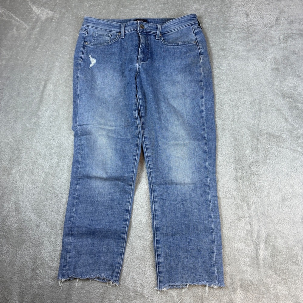 NYDJ Jeans Women 8 (Fits 32x24) Straight Leg Whiskered Fade Blue Stretch Raw Hem